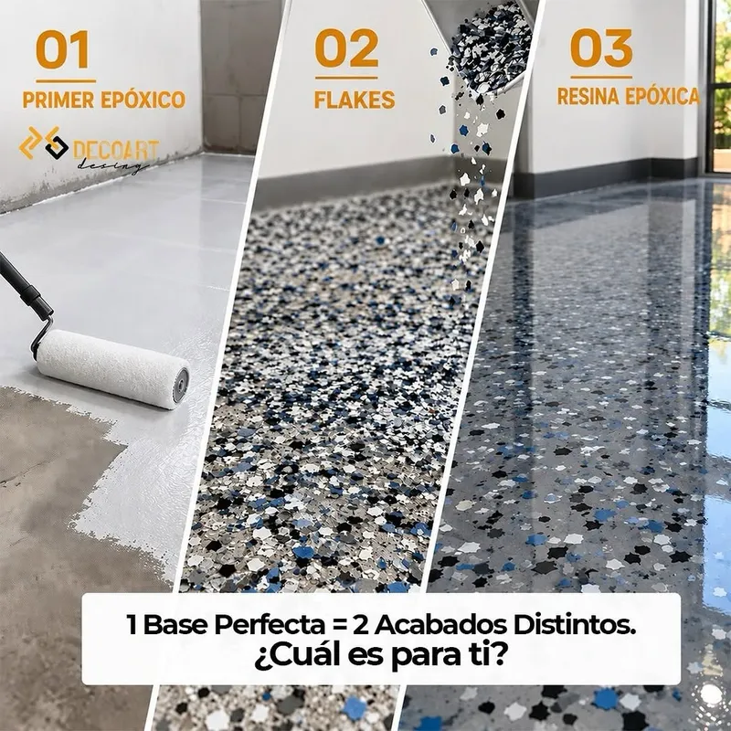 Piso en tres pasos: primer epóxico, flakes y resina epóxica